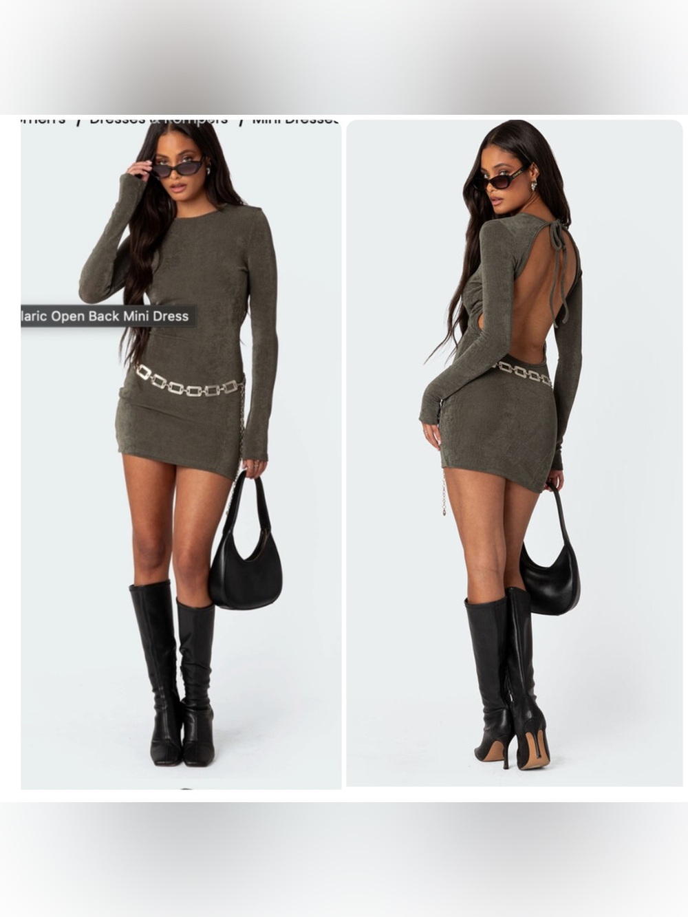 NEW Edikted Alaric Low Back Sheer Long Sleeve Slinky Mini Dress Grey/Olive XL